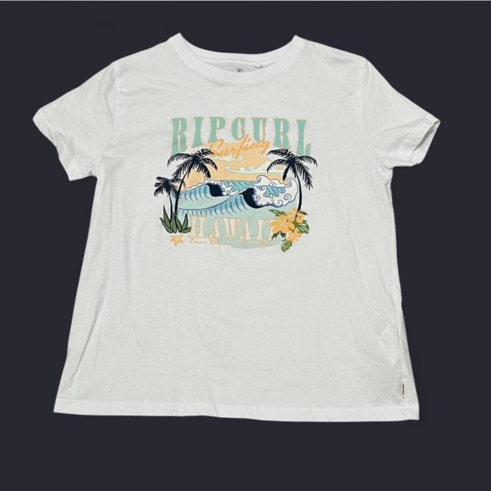 Rip Curl White Graphic Tee with Teal, Yellow & Black Surf Design